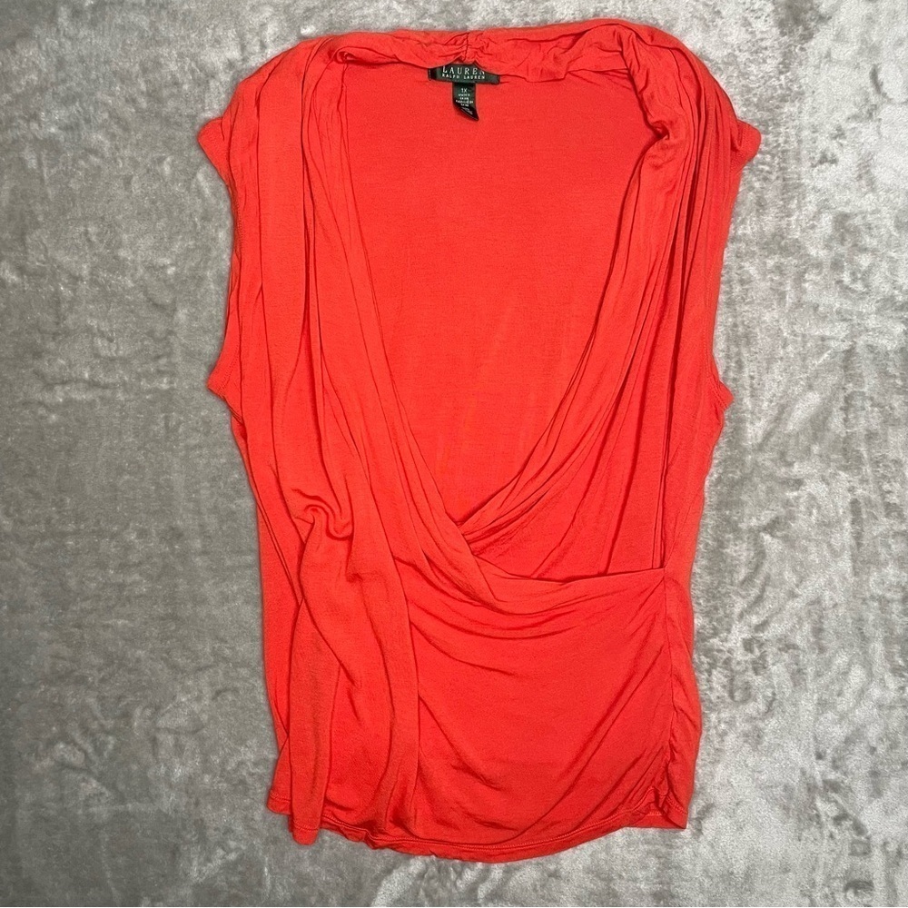 Lauren Ralph Lauren 1X Orange Sleeveless Faux Wrap Draped Blouse Plus Size